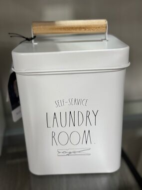 Laundry Room Canister with Wooden Handle - White